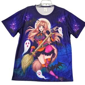 Anime Witch Shirt Dark Purple NEW Graphic Print Stretch Short Sleeves Men Size L